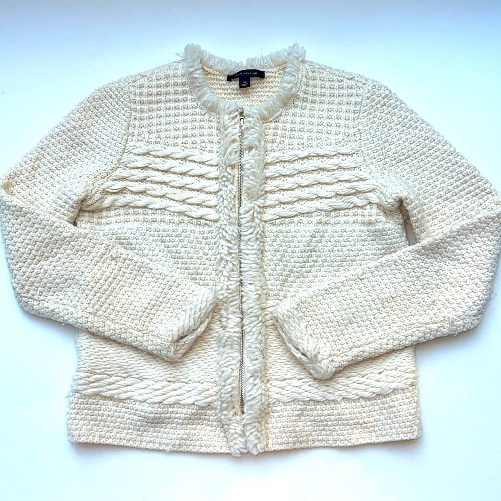 Ann Taylor Zip Up Wool Blend Cream office holiday cozy chic warm Cardigan M